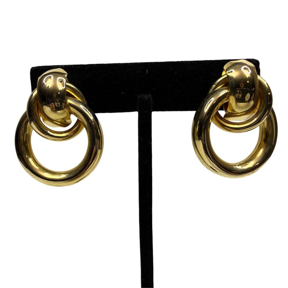 Vintage Gold Tone Interlocking Double Ring Earrings Chunky Statement 1.5 in